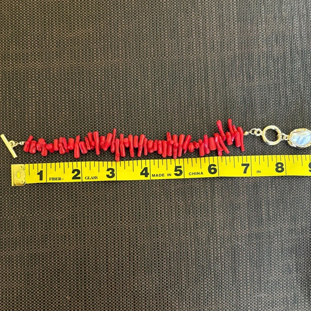 New Red Coral and Gold Faux Pearl Necklace and Bracelet Set - Picture 9 of 15